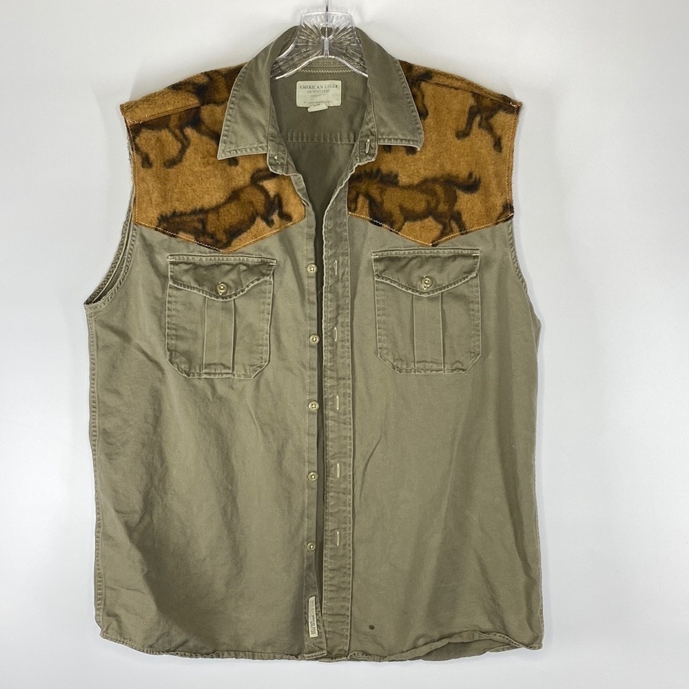 American Eagle Olve Green Horse Sleeveless Button Up Size Medium